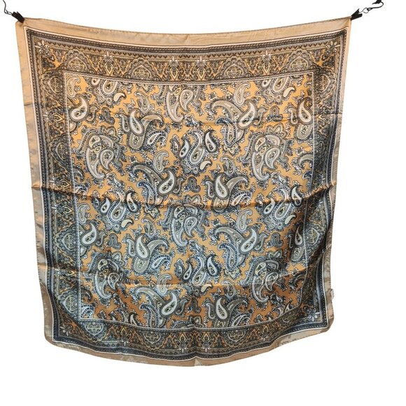 Gold Black Paisley Silk Scarf Western Wild Rage Boho Chic Square Lightweight Ret - Picture 5 of 7